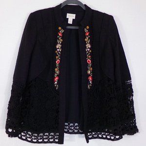 Chico's 1 black blazer crochet floral embroidery